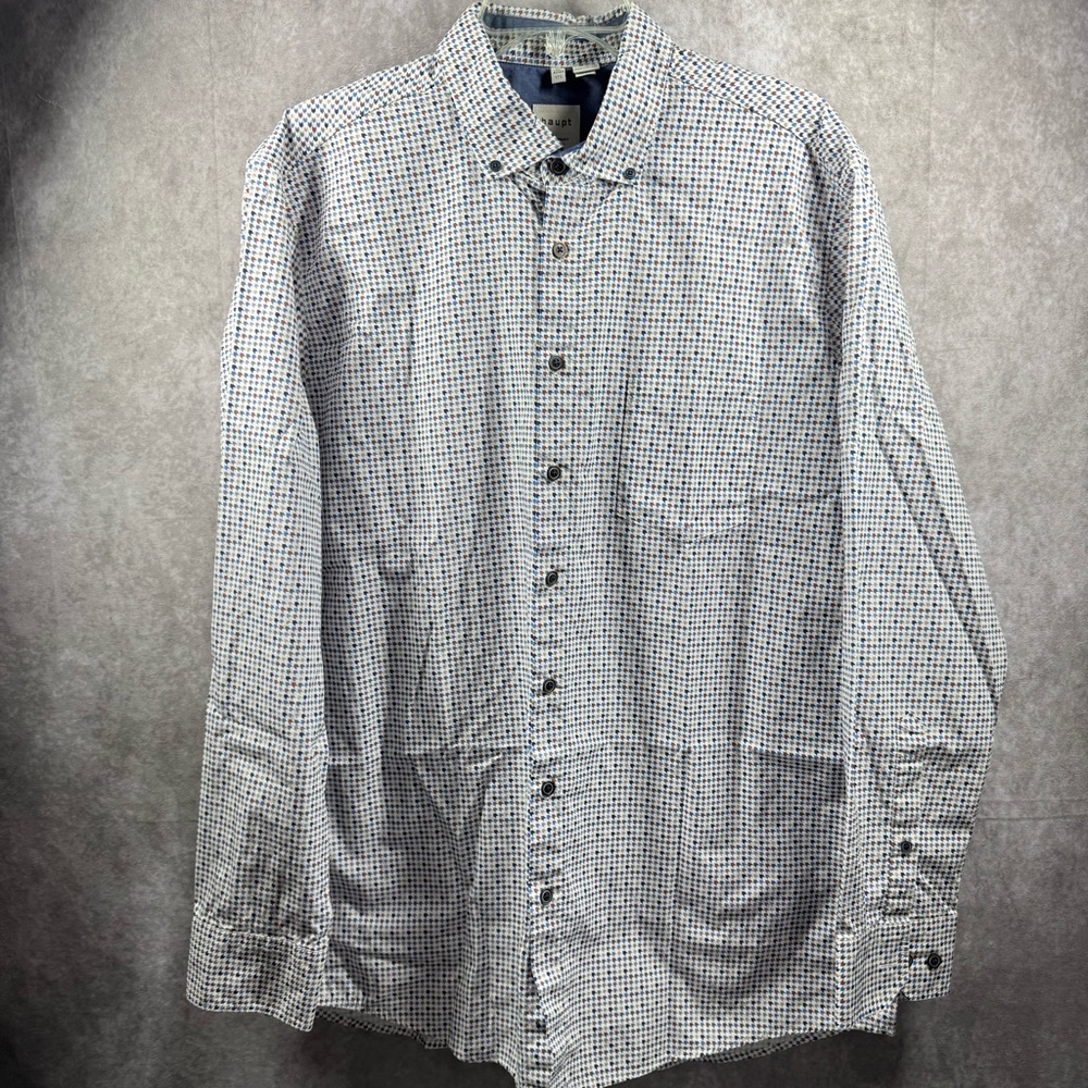 Haupt Men’s XL 17.5 White Multicolored Casual Button Down Shirt‎ with Microprint